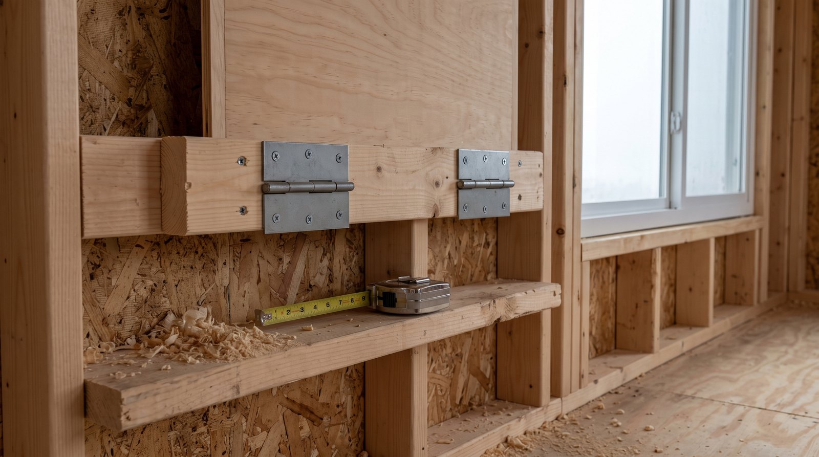 Wood blocking and hinges for a tiny house fold-down desk
