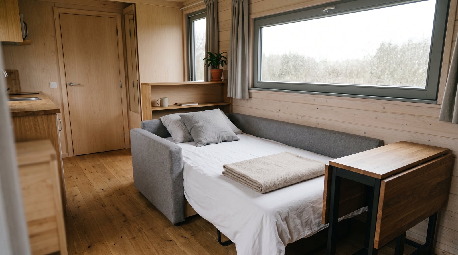 Convertible sofa bed and compact table in a tiny house