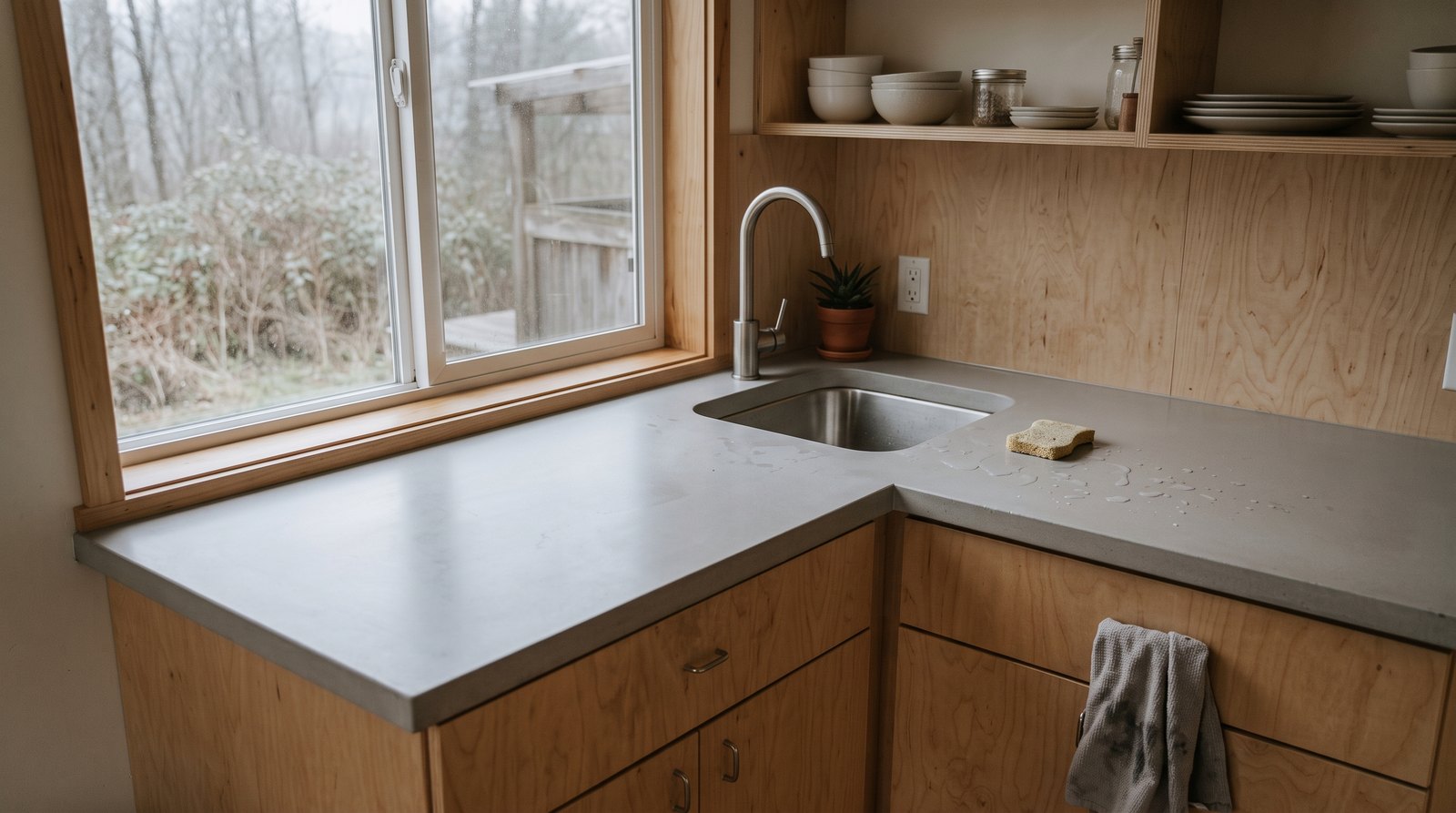 Light gray solid surface countertop with an undermount sink in a tiny house