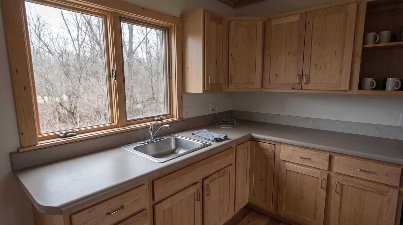 Matte laminate countertop in a tiny house kitchen
