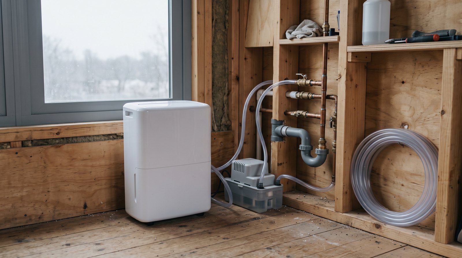 Compact dehumidifier and condensate pump beside tiny house plumbing