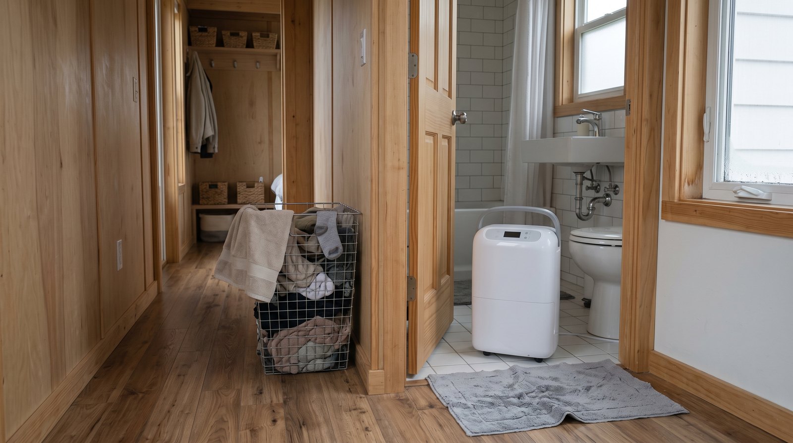 Dehumidifier outside a tiny house bathroom with a damp bath mat