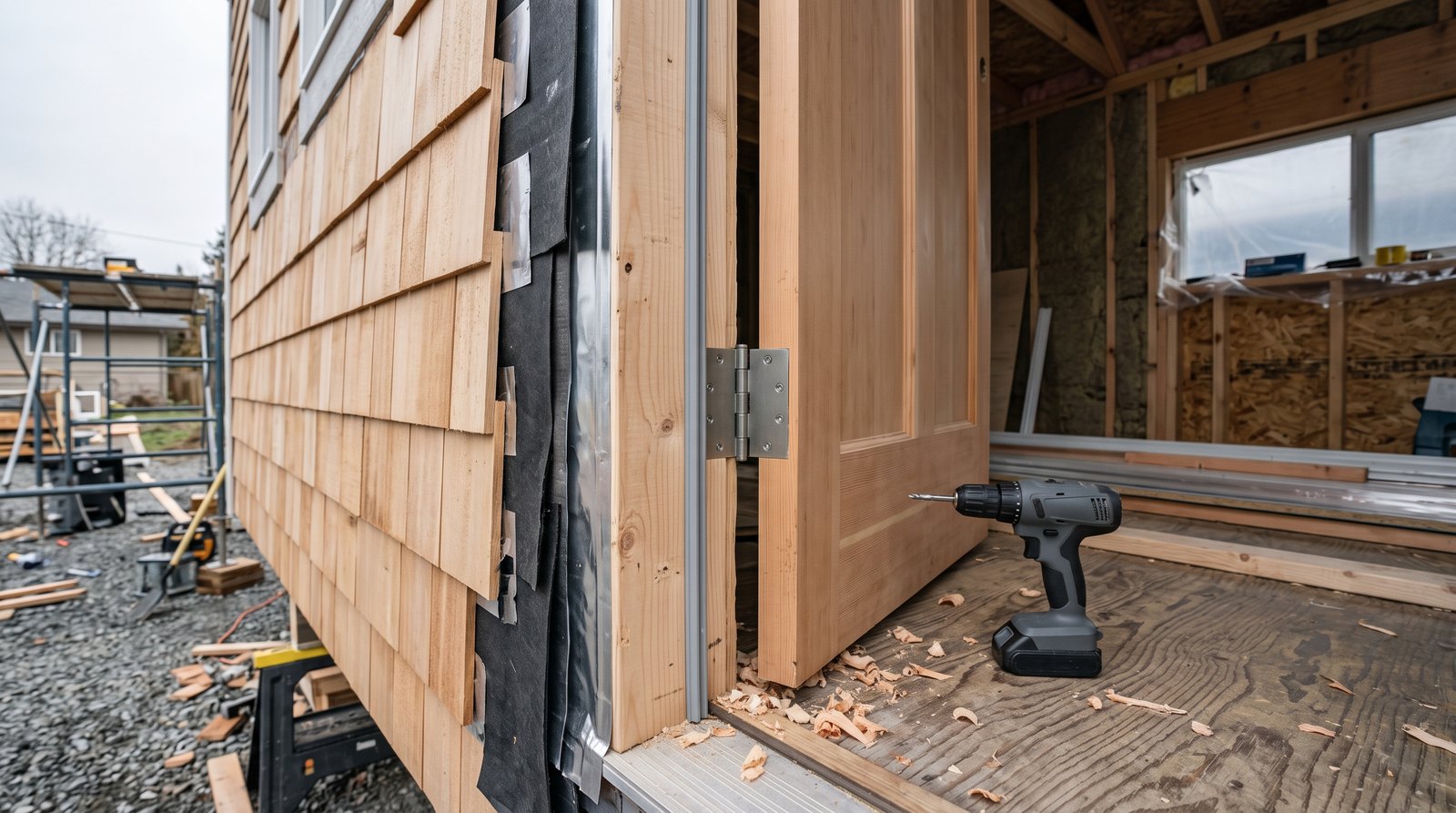 Tiny house exterior door jamb with flashing and hinges