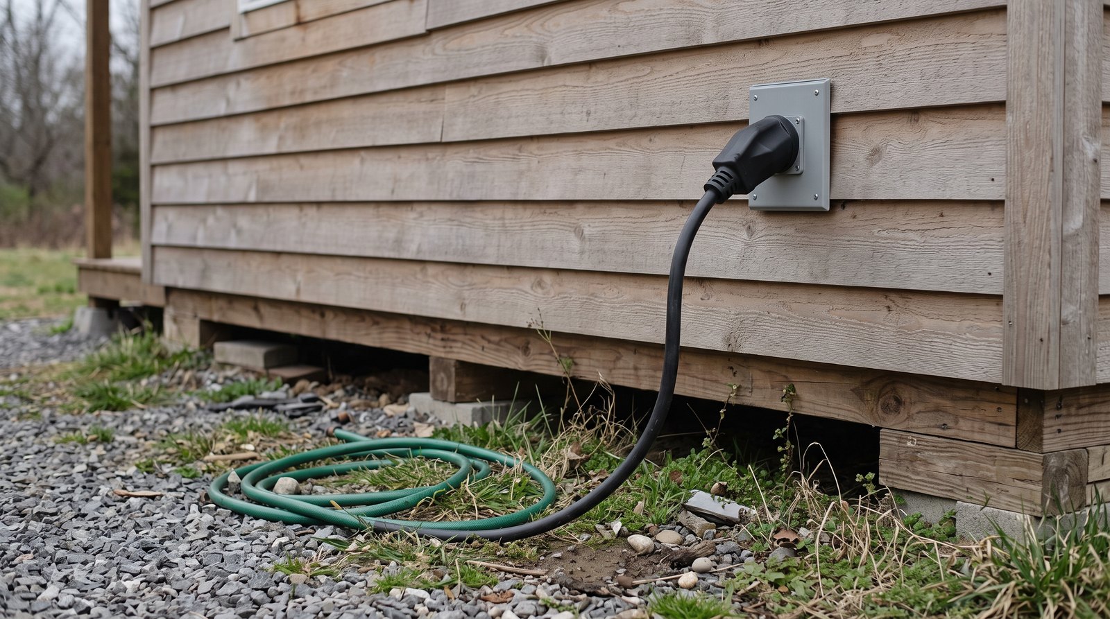 Shore power cord connected to a tiny house exterior inlet
