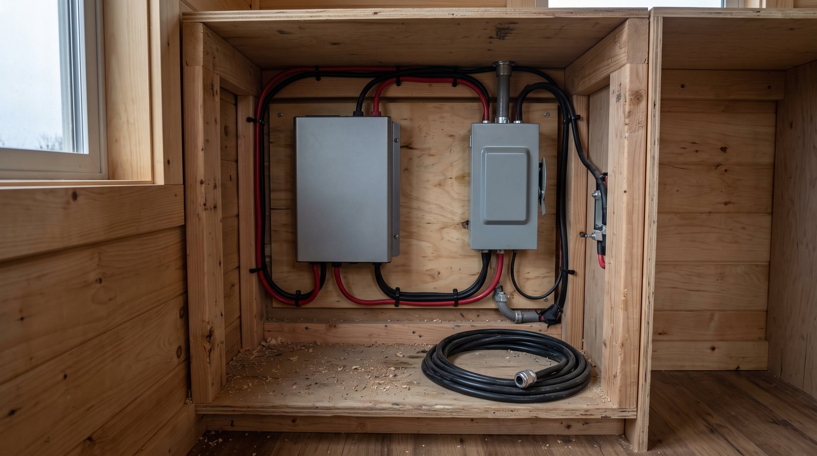 Tiny house utility cabinet with inverter and disconnect box