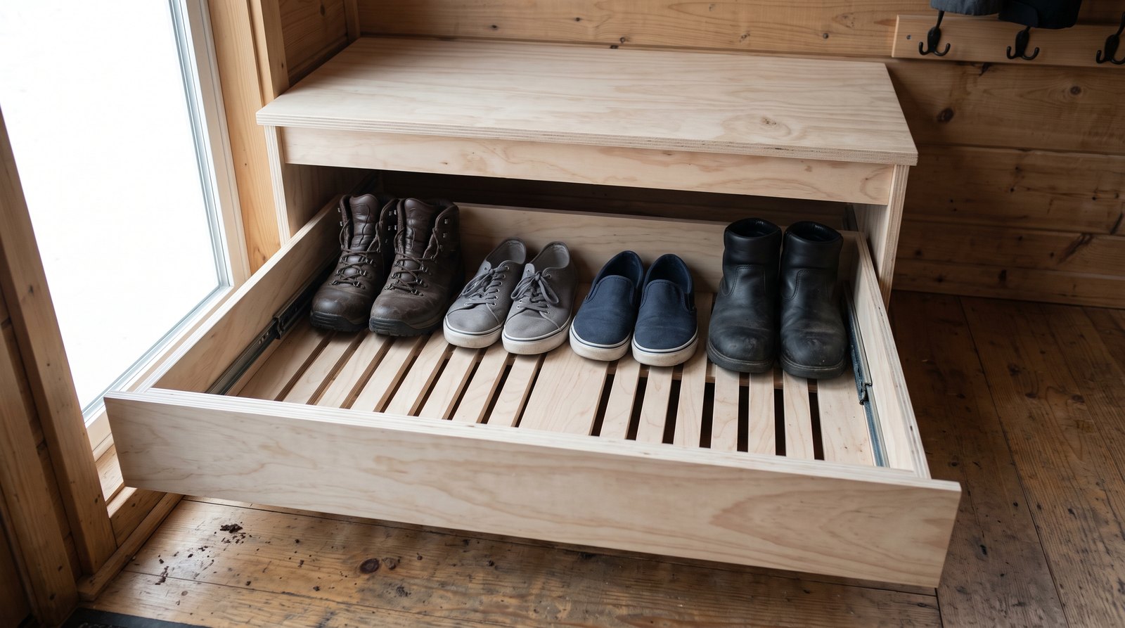 Ventilated pull-out shoe drawer beneath a compact tiny house entry bench