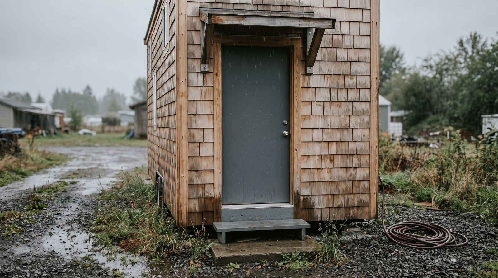 Tiny house exterior door and awning during light rain