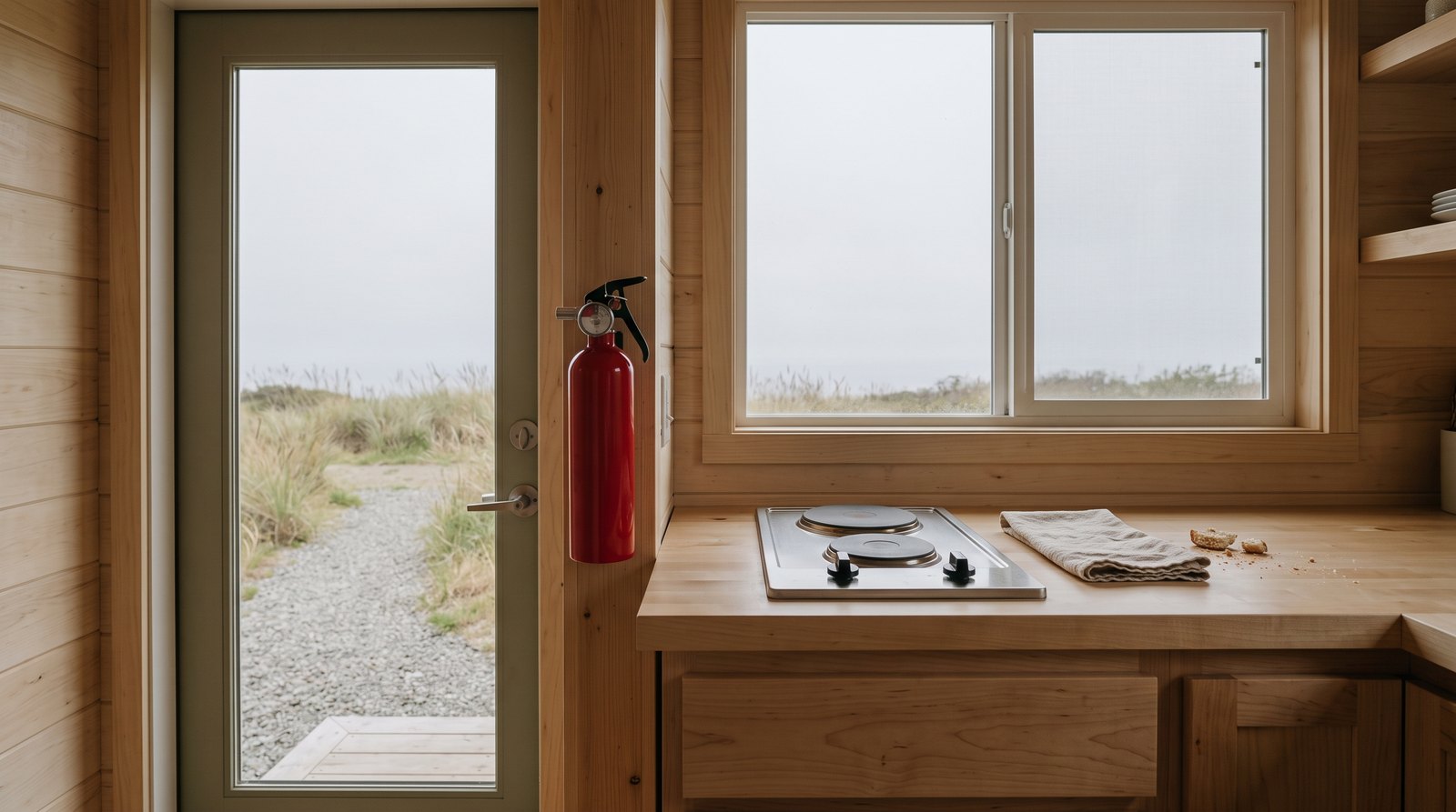 Blank fire extinguisher beside a tiny house kitchen exit
