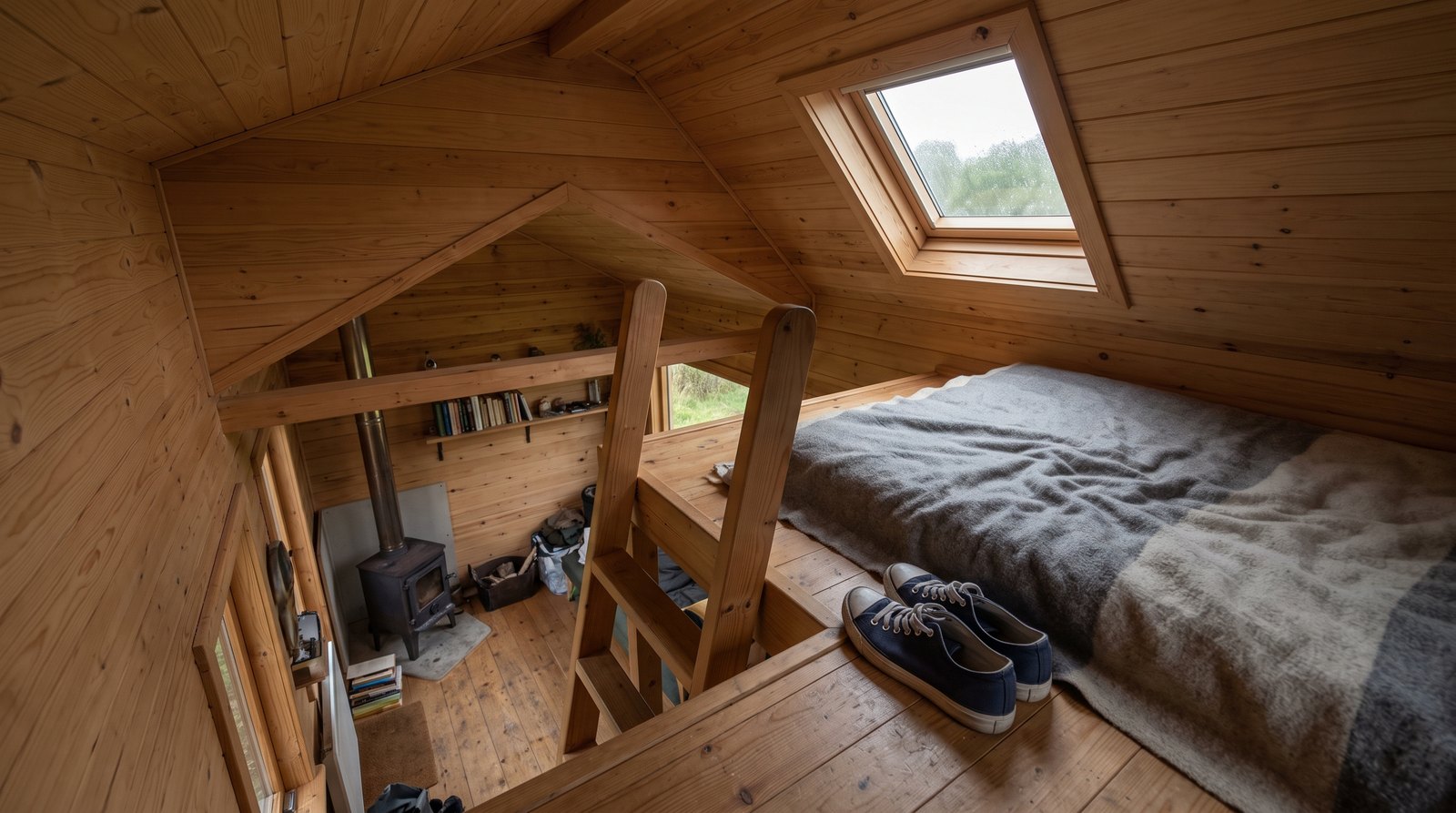 Tiny house sleeping loft with ladder and escape window