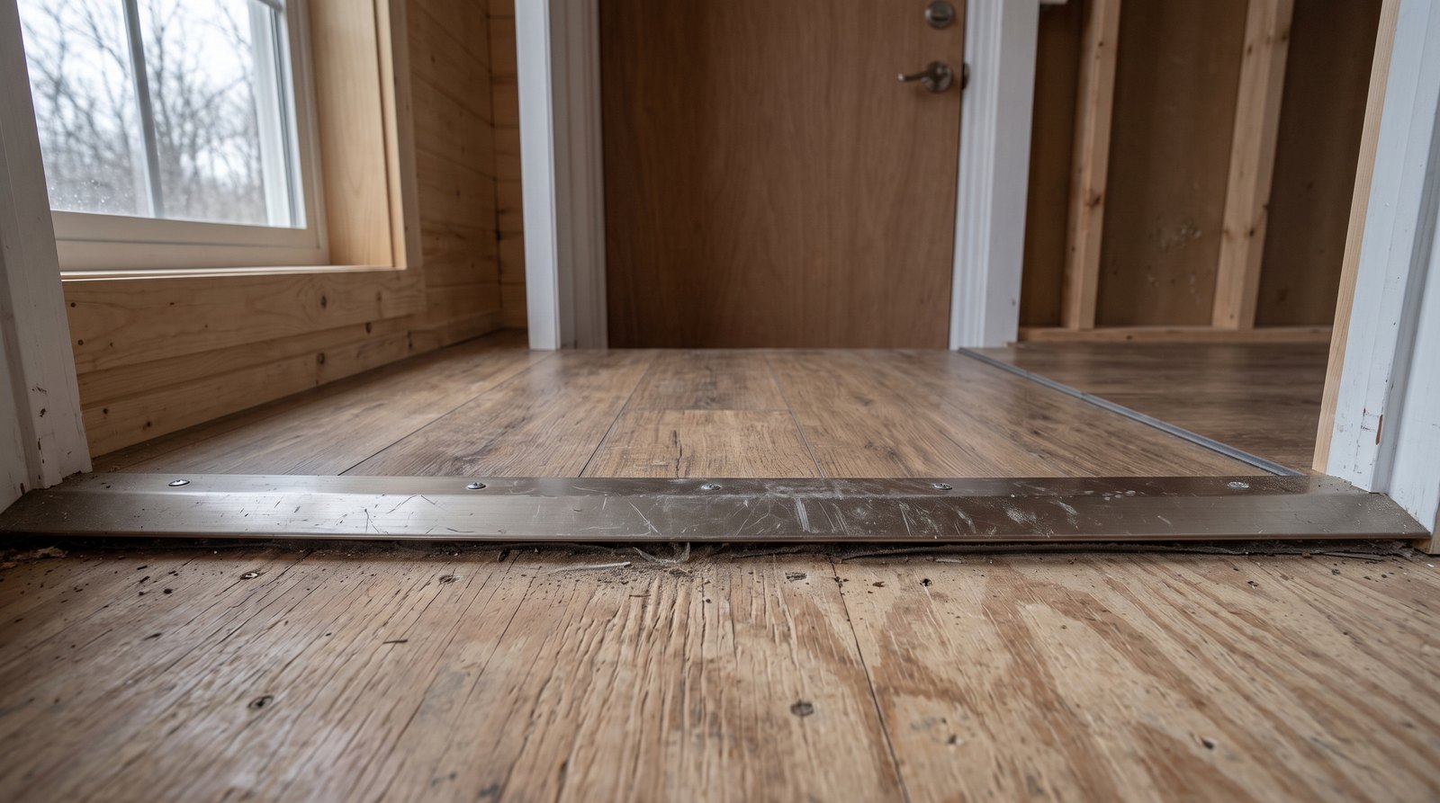 Scuffed floor transition strip at a tiny house doorway