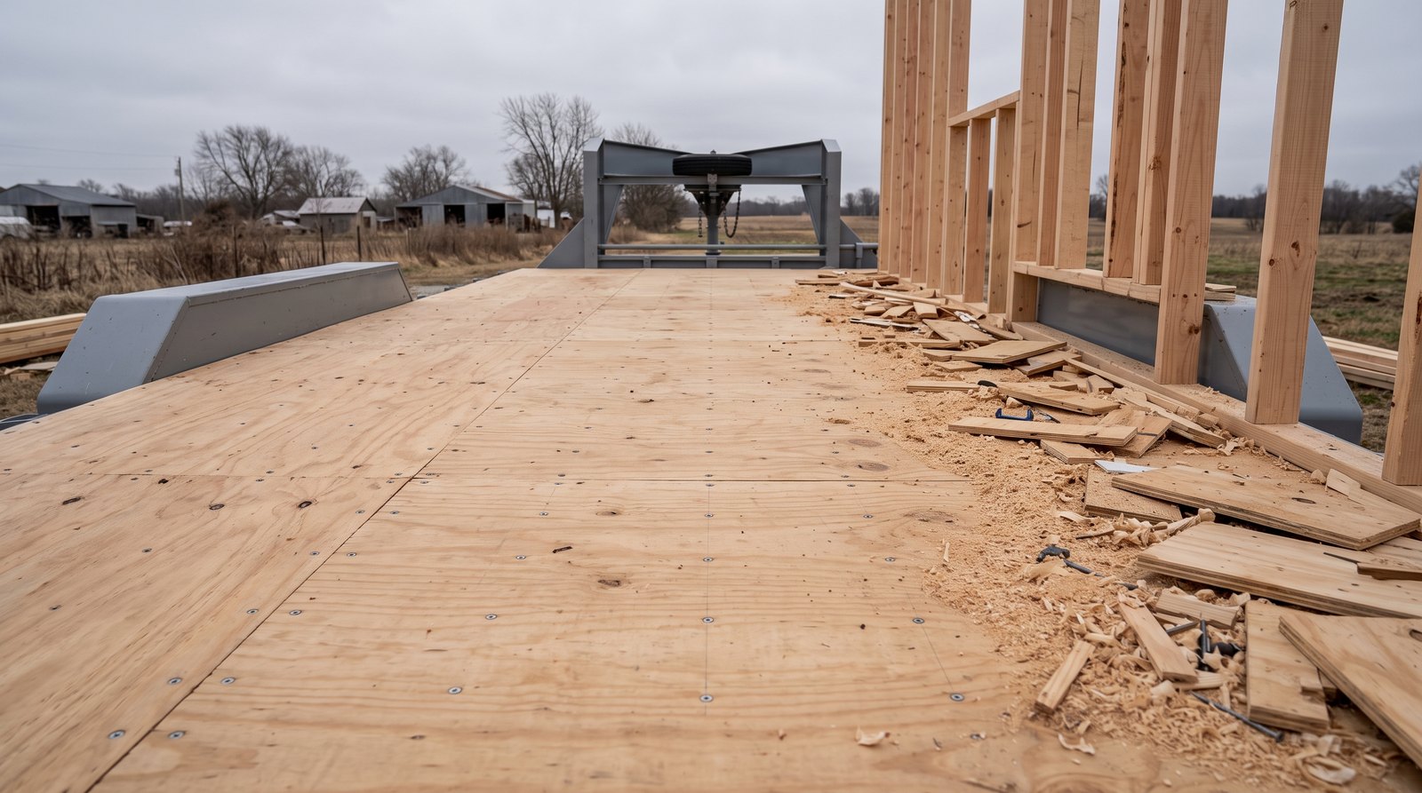 Exposed plywood subfloor on a tiny house trailer