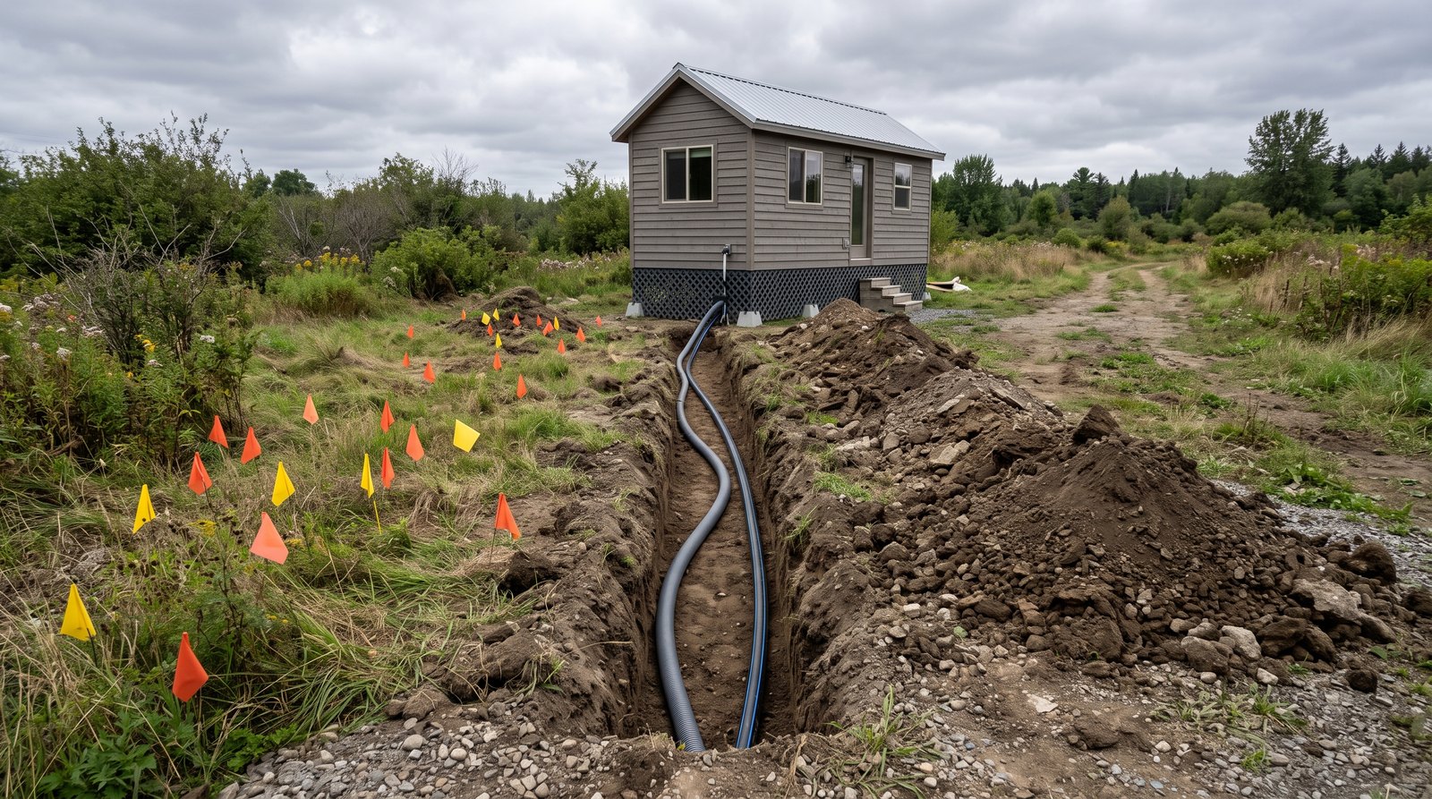 Utility trench carrying water and conduit toward a tiny house foundation