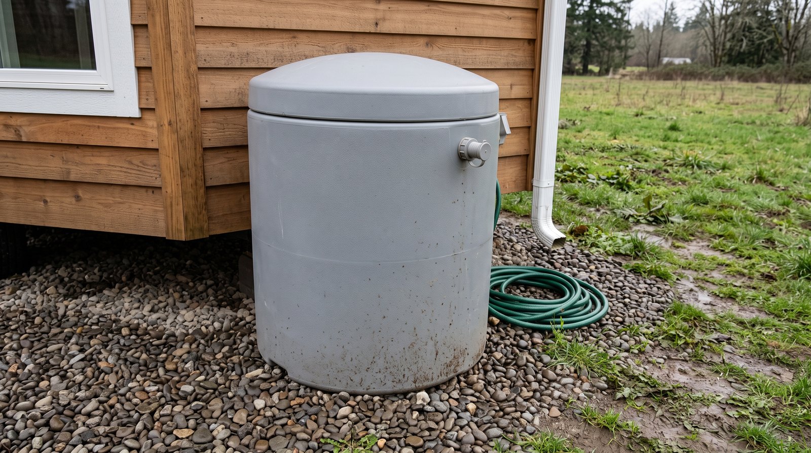 An unbranded greywater holding tank beside a tiny house