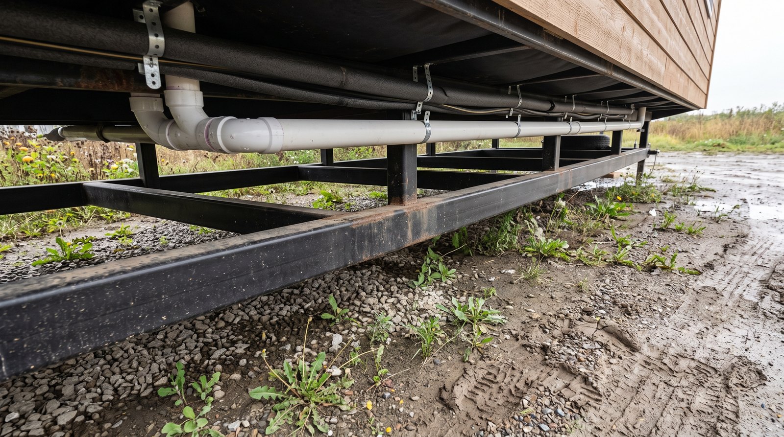 Insulated greywater plumbing under a tiny house trailer