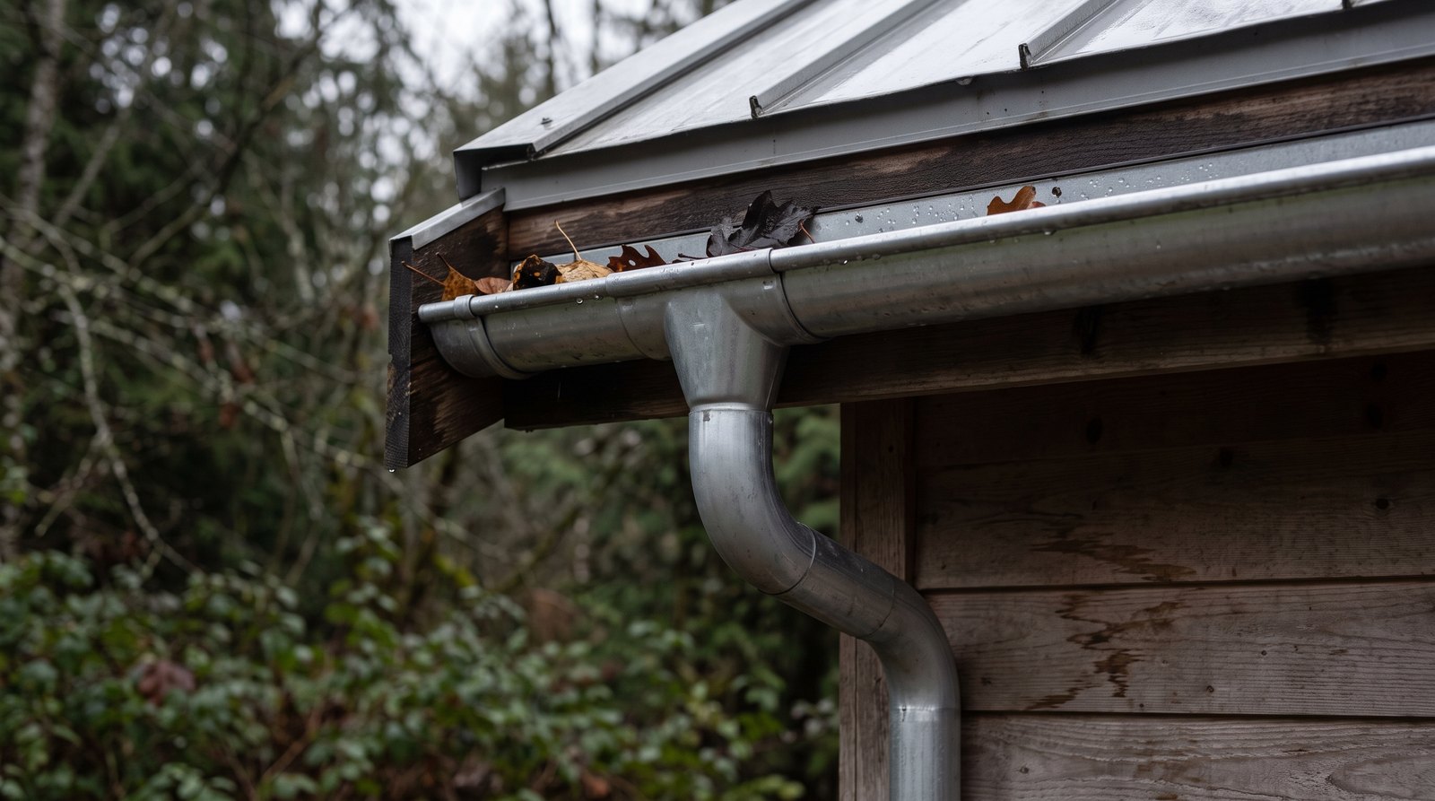 Close view of a tiny house gutter outlet and downspout elbow with wet leaves