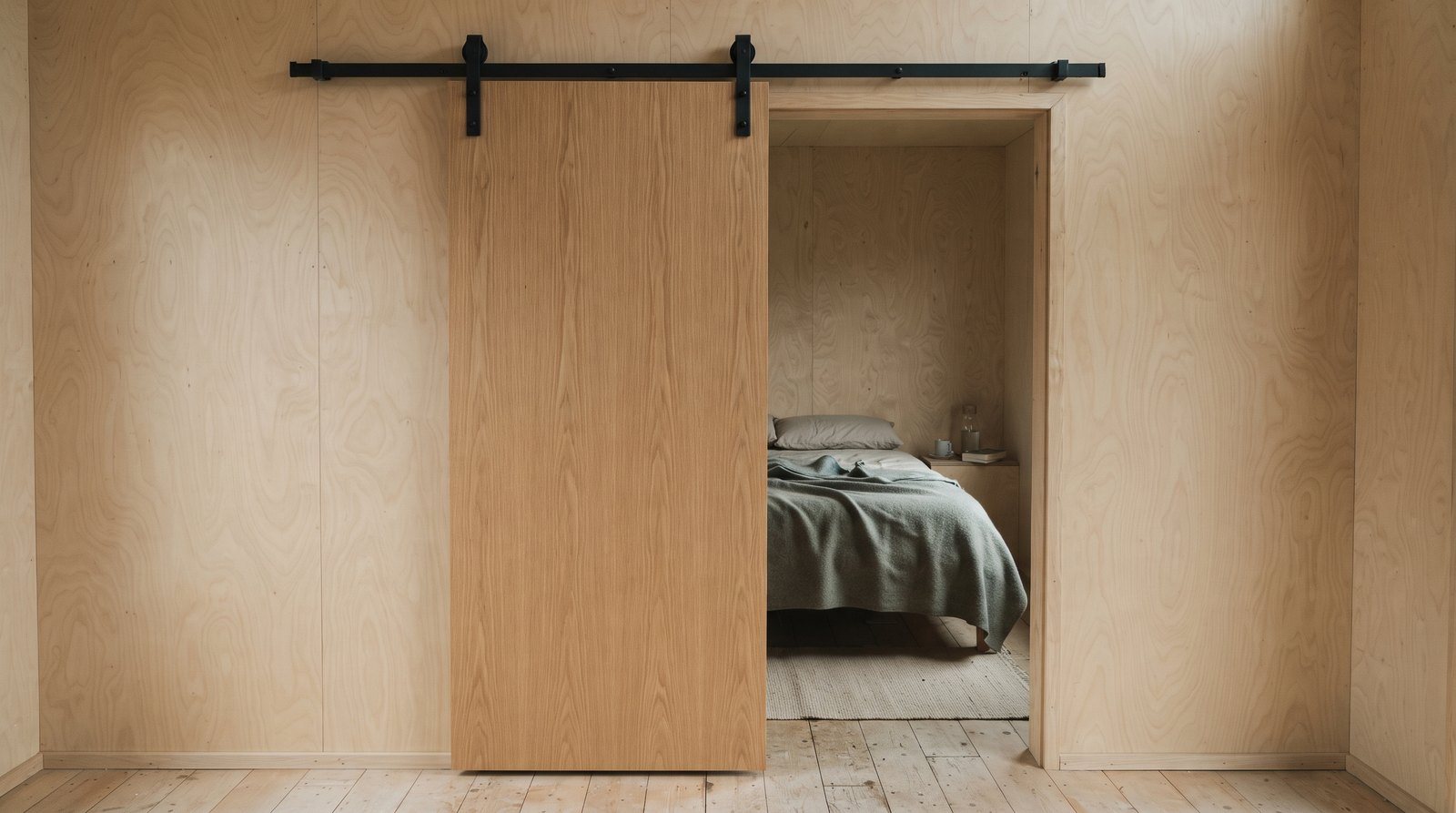 Sliding barn door at a tiny house bedroom entrance