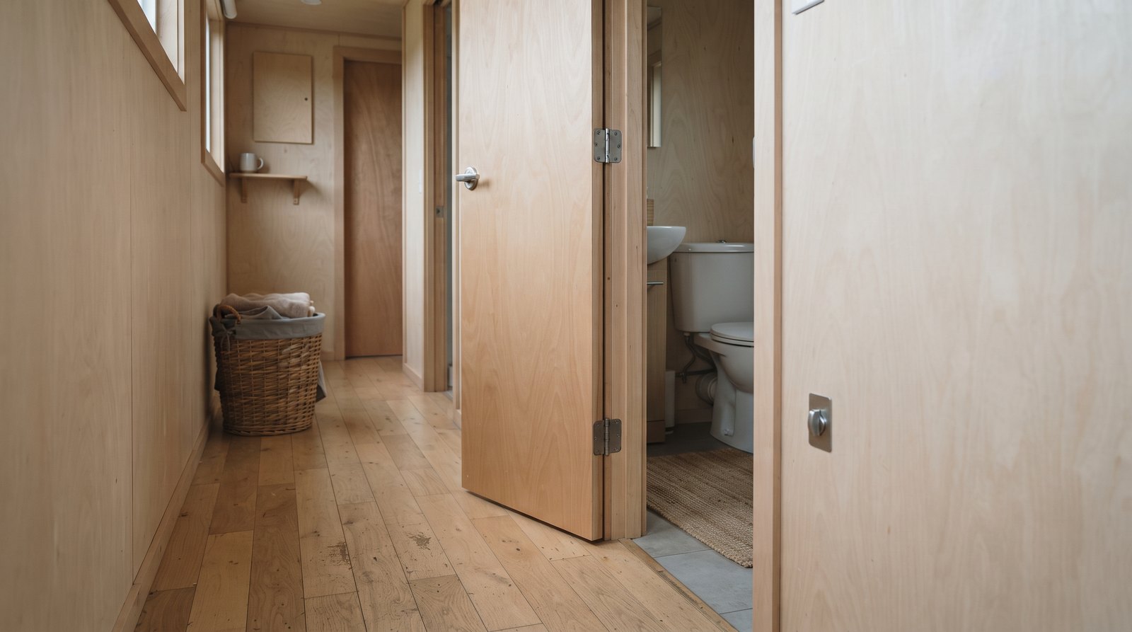 Open hinged bathroom door in a tiny house hallway