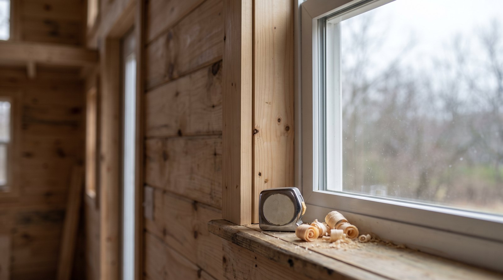 Wood window casing under installation inside a tiny house