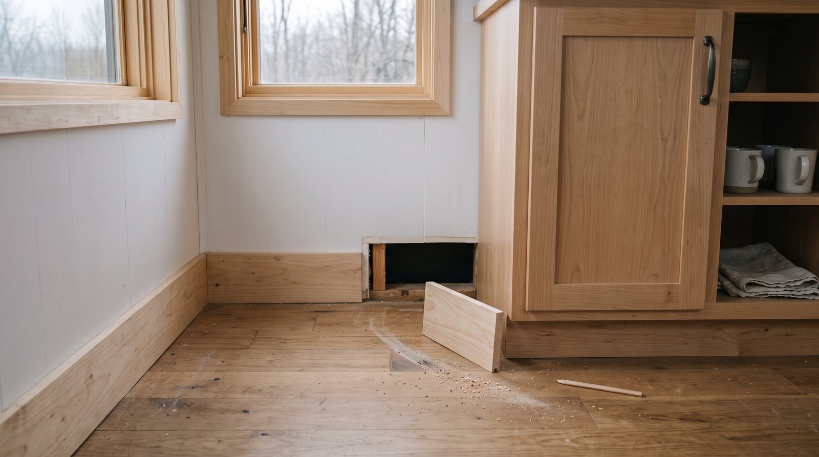 Removable wood trim exposing a service gap beside a tiny house cabinet