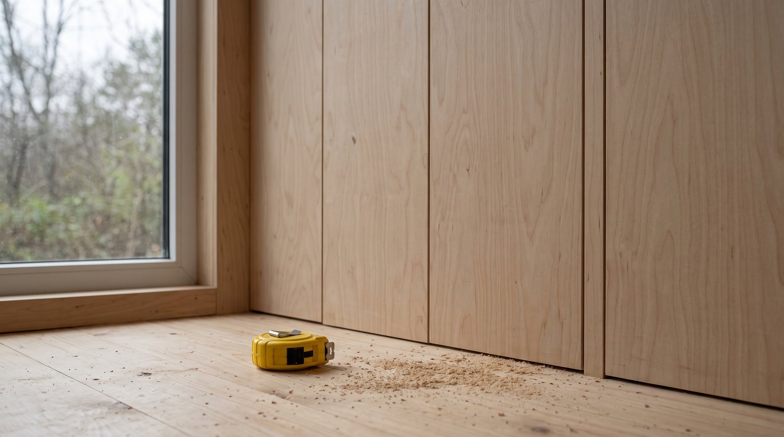Clear finished plywood wall panels inside a tiny house