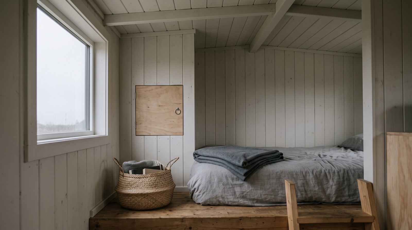 Tiny house sleeping loft with painted tongue and groove walls