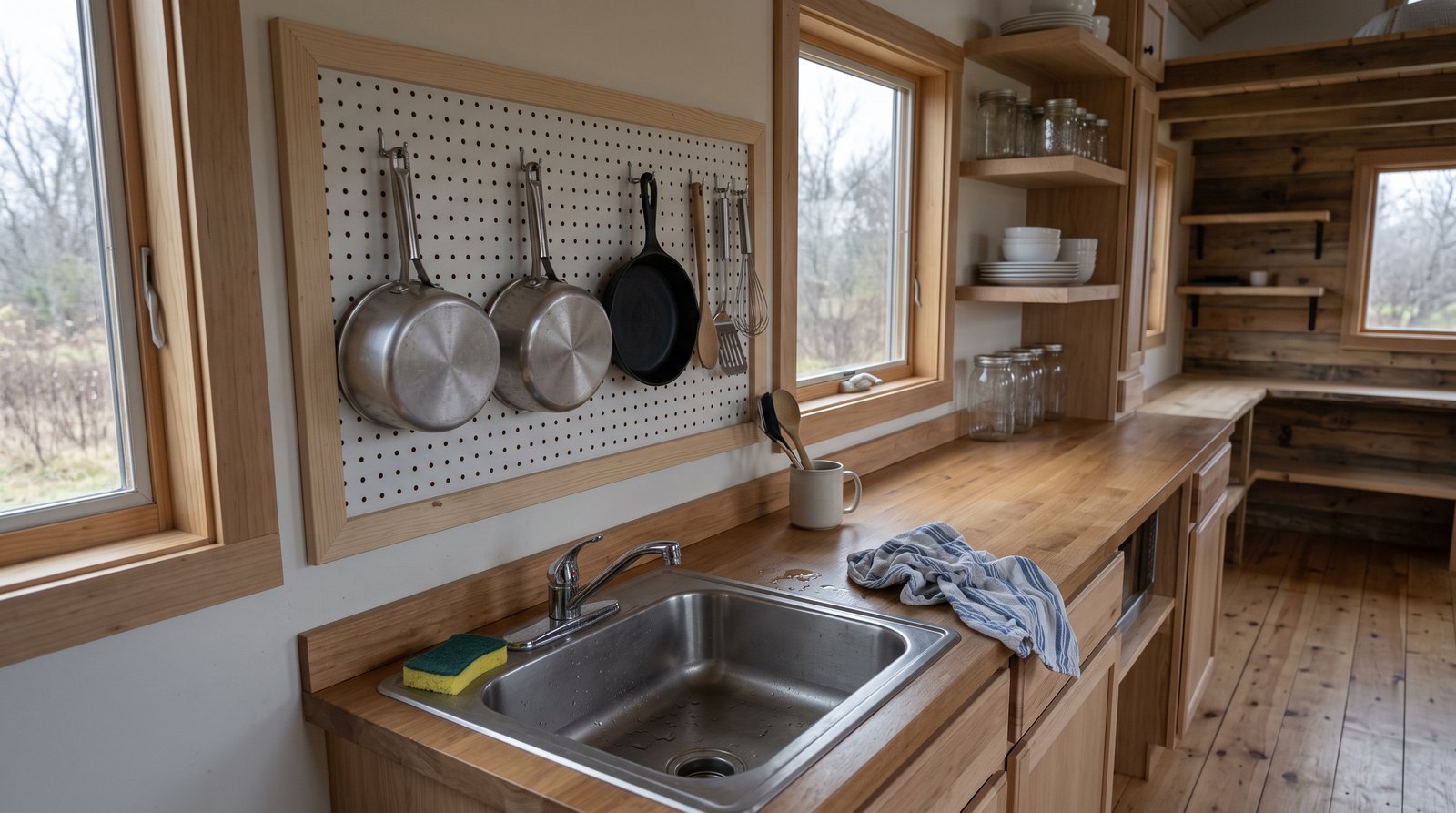 Pegboard holding pots and utensils in a tiny house kitchen