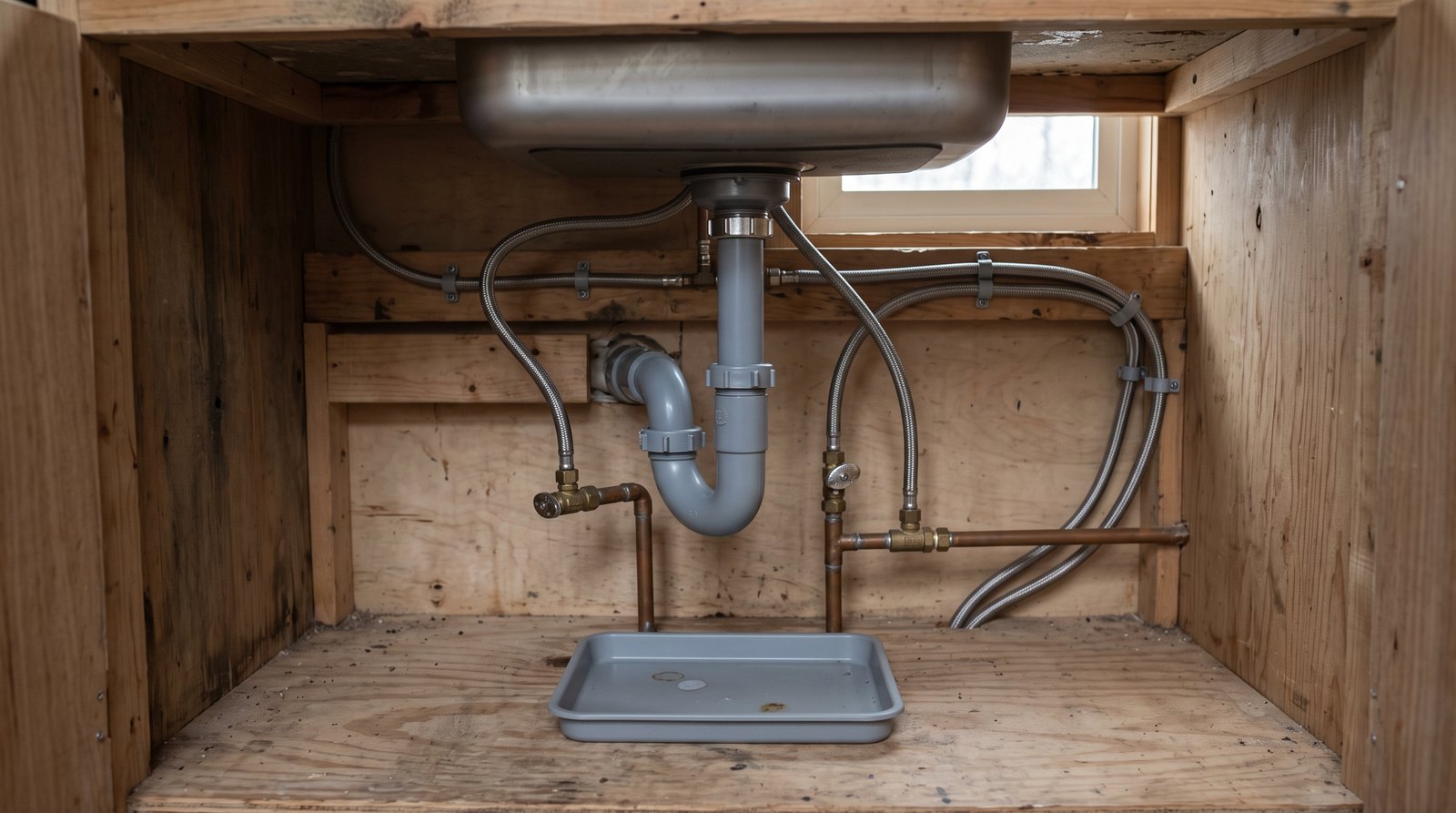 Drain trap, shutoff valves and supply lines beneath a tiny house kitchen sink