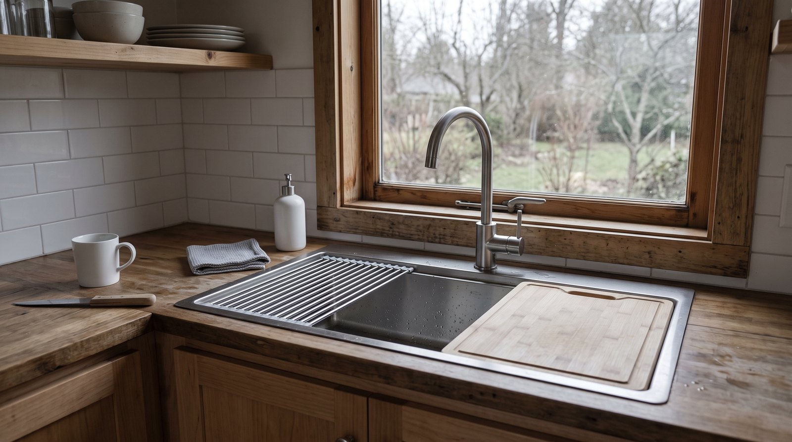 Workstation sink with cutting board and drying rack in a tiny house kitchen