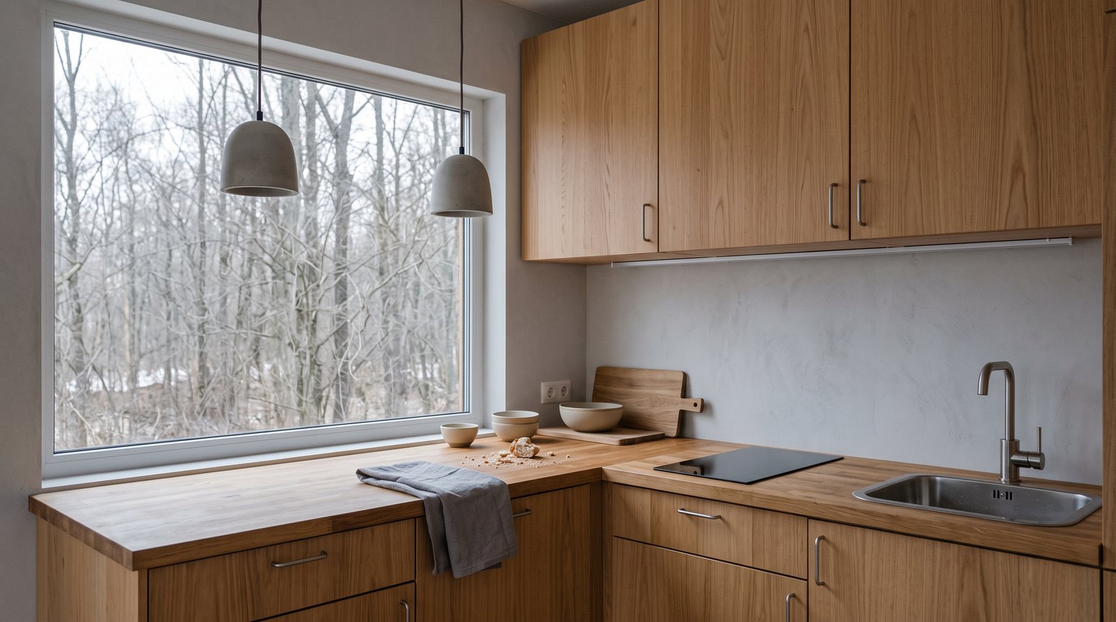 Tiny house kitchen with pendant and under-cabinet task lighting