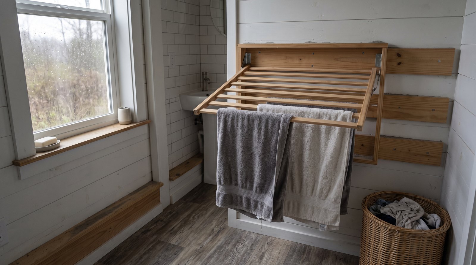 Fold-down wall drying rack holding towels in a compact tiny house bathroom