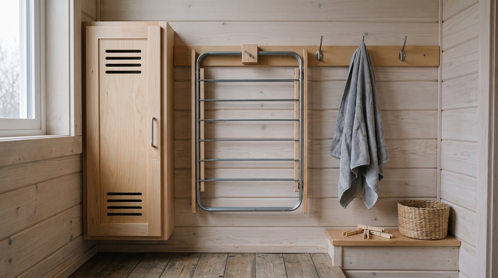Folded portable drying rack latched to a utility wall beside a vented hamper cabinet