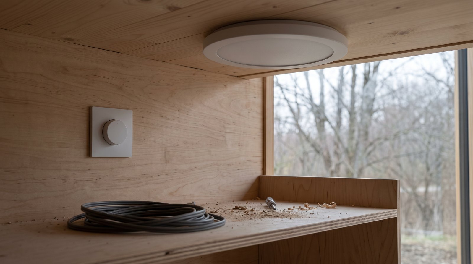 Low-profile LED ceiling light and dimmer in a tiny house