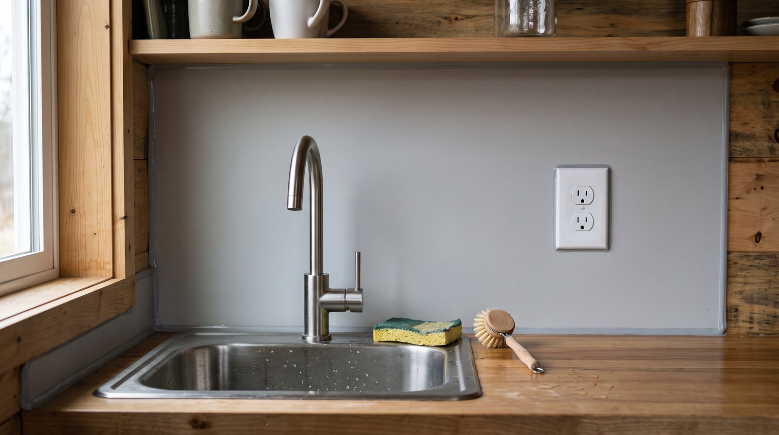 Lightweight matte backsplash panel behind a tiny house sink