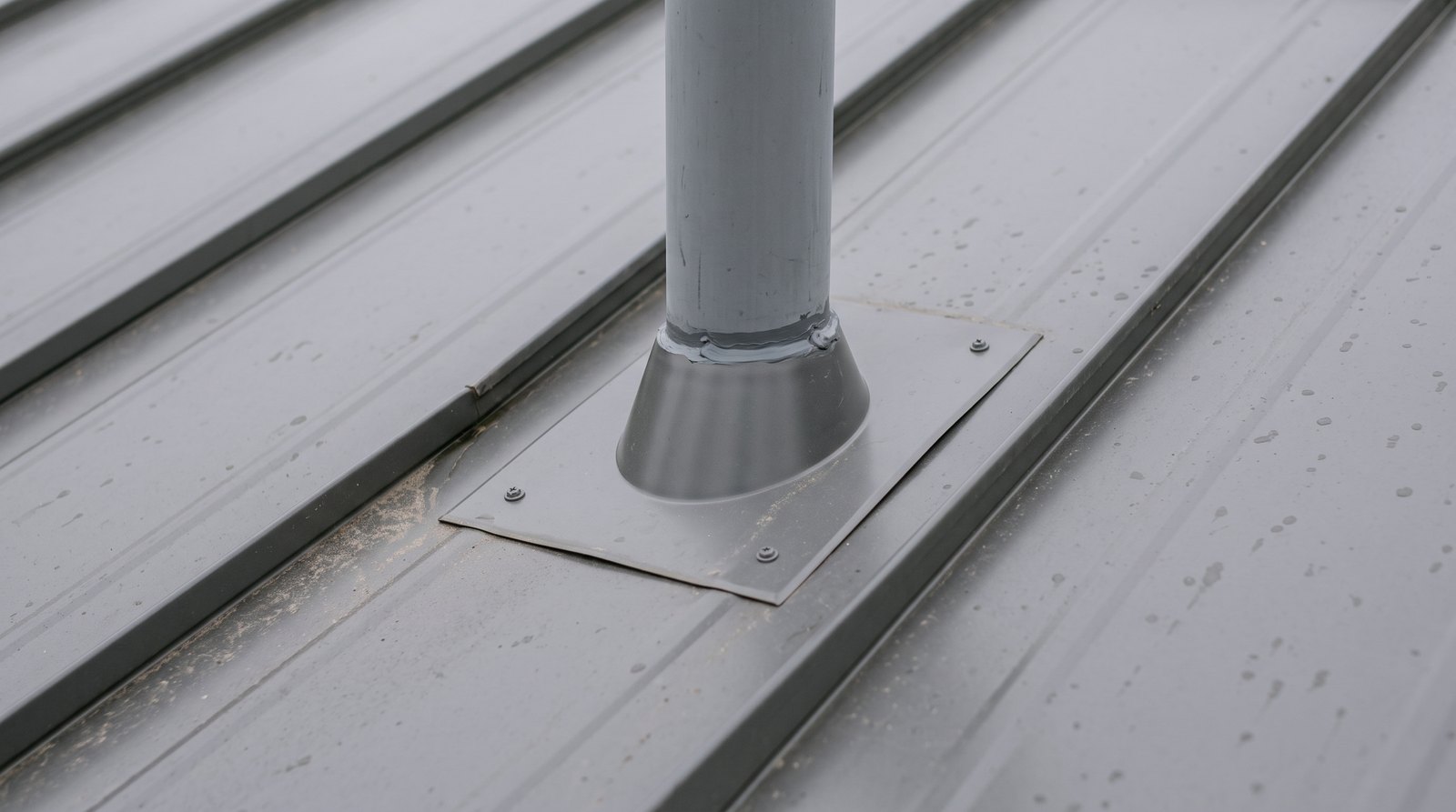 Metal roof flashing around an unbranded vent pipe on a tiny house