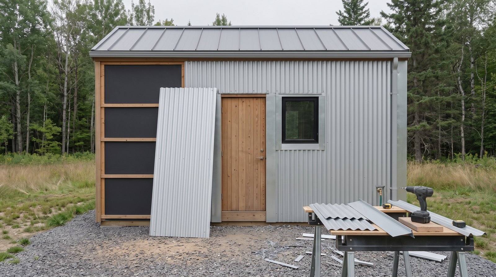 Corrugated metal siding installation with panels and tools beside a tiny house