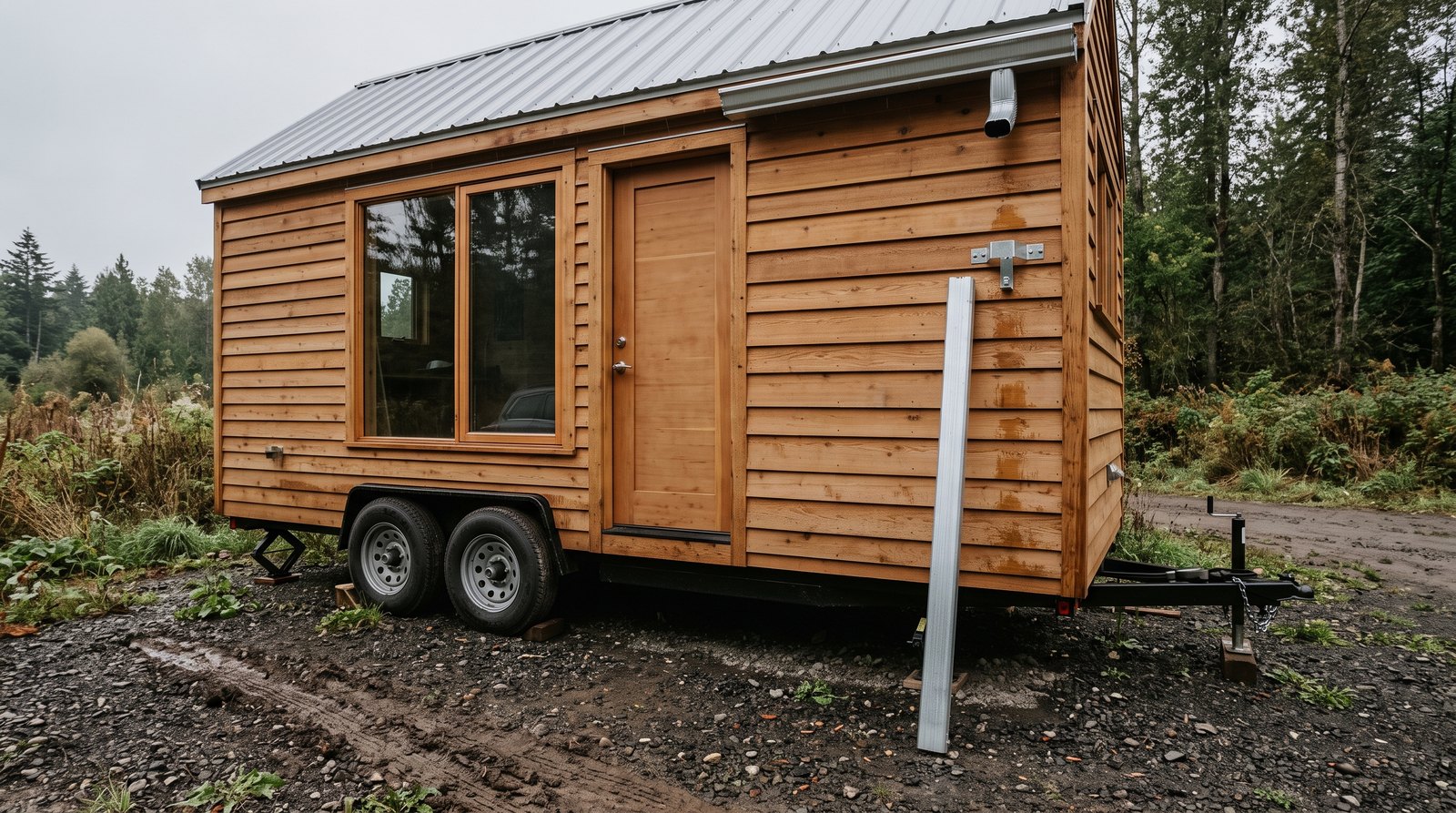 Tiny house on wheels with a removable downspout section ready for travel