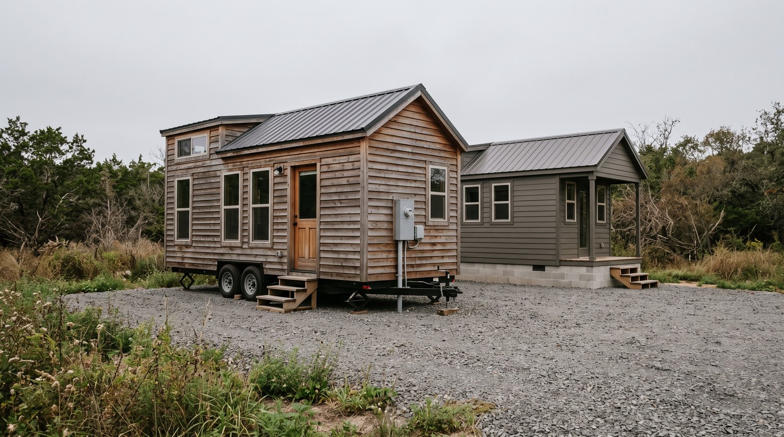 Tiny house on wheels beside a similar tiny house on a permanent foundation