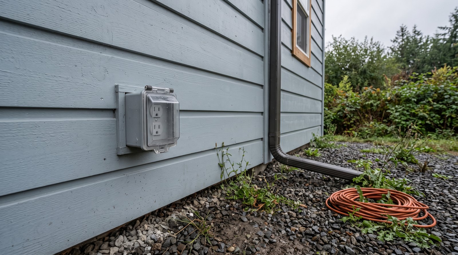 Weather resistant exterior receptacle on tiny house siding