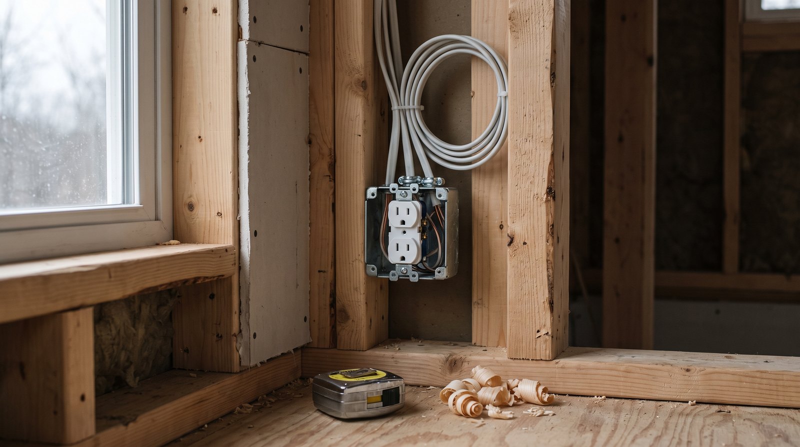 Electrical receptacle box and cable in a tiny house wall