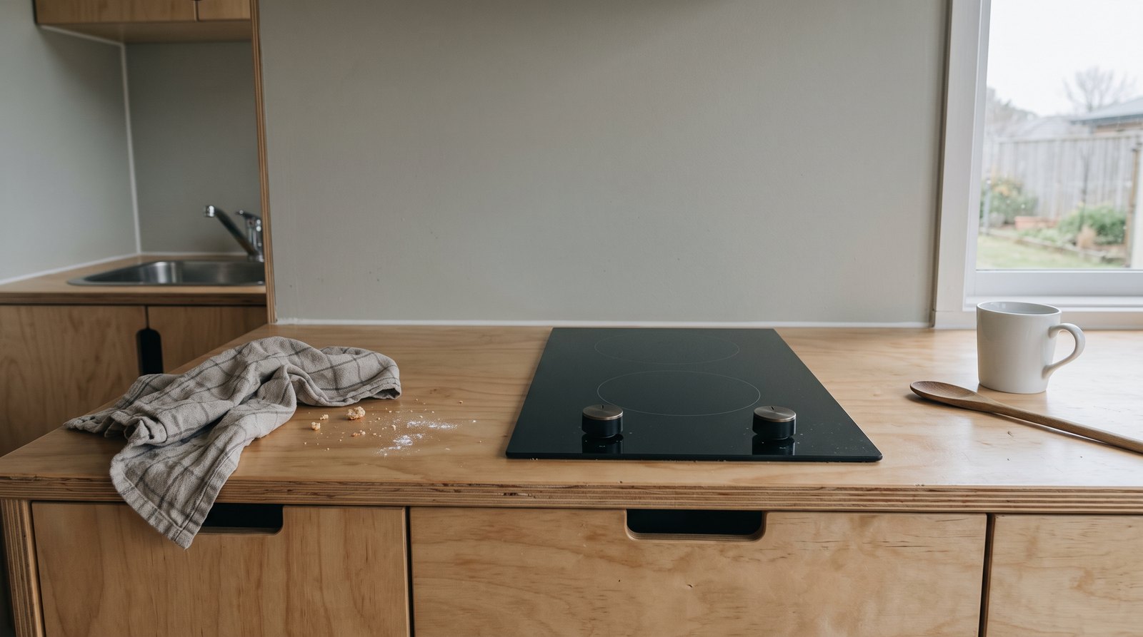 Washable painted backsplash beside a compact tiny house cooktop
