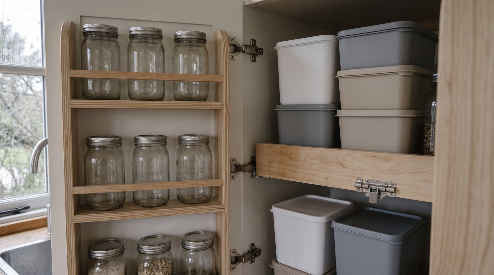 Adjustable plywood pantry shelves with travel latch in a tiny house