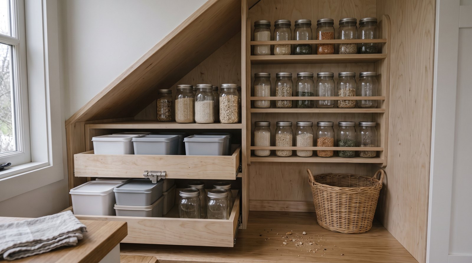 Under-stair tiny house pantry with pull-out drawers and shelves
