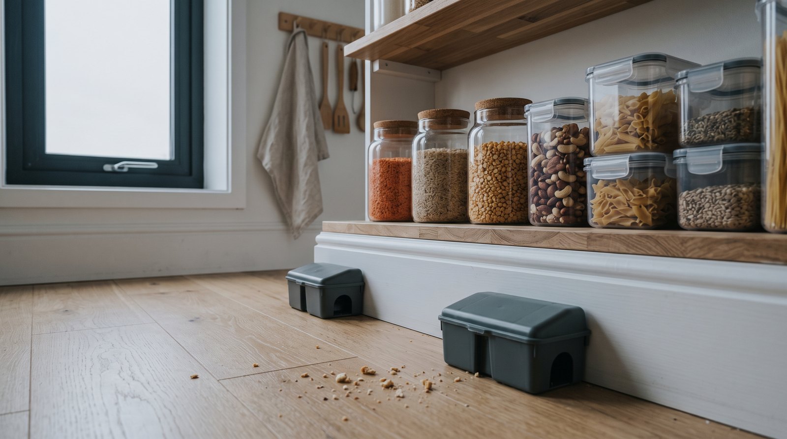 Enclosed rodent traps placed along a tiny house pantry baseboard