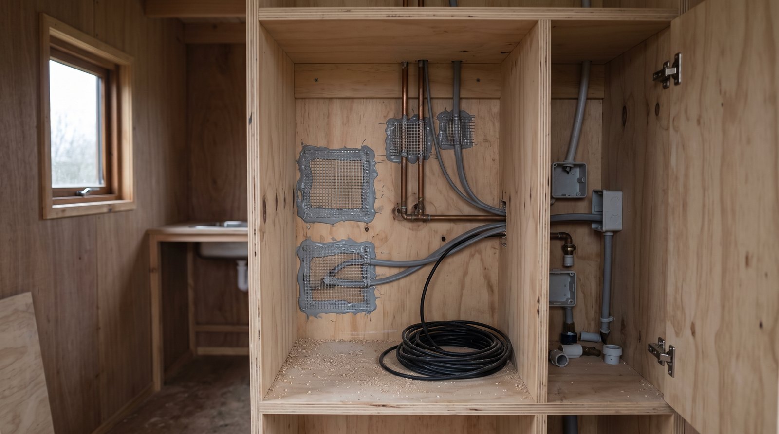 Sealed pipe and cable gaps inside a tiny house utility cabinet