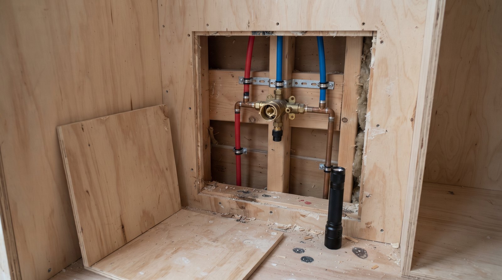 Tiny house wall access opening exposing a supported shower mixing valve and supply lines