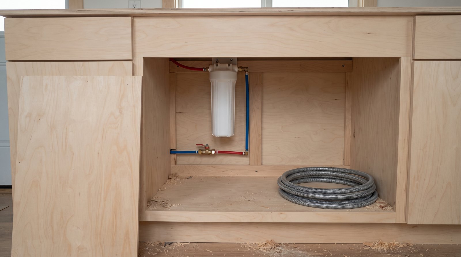 Tiny house kitchen base cabinet access opening with water filter and shutoff valve