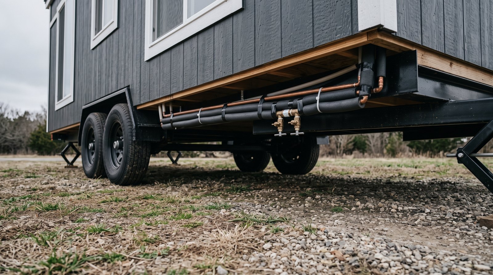 Insulated water lines and low point drains beneath a tiny house on wheels