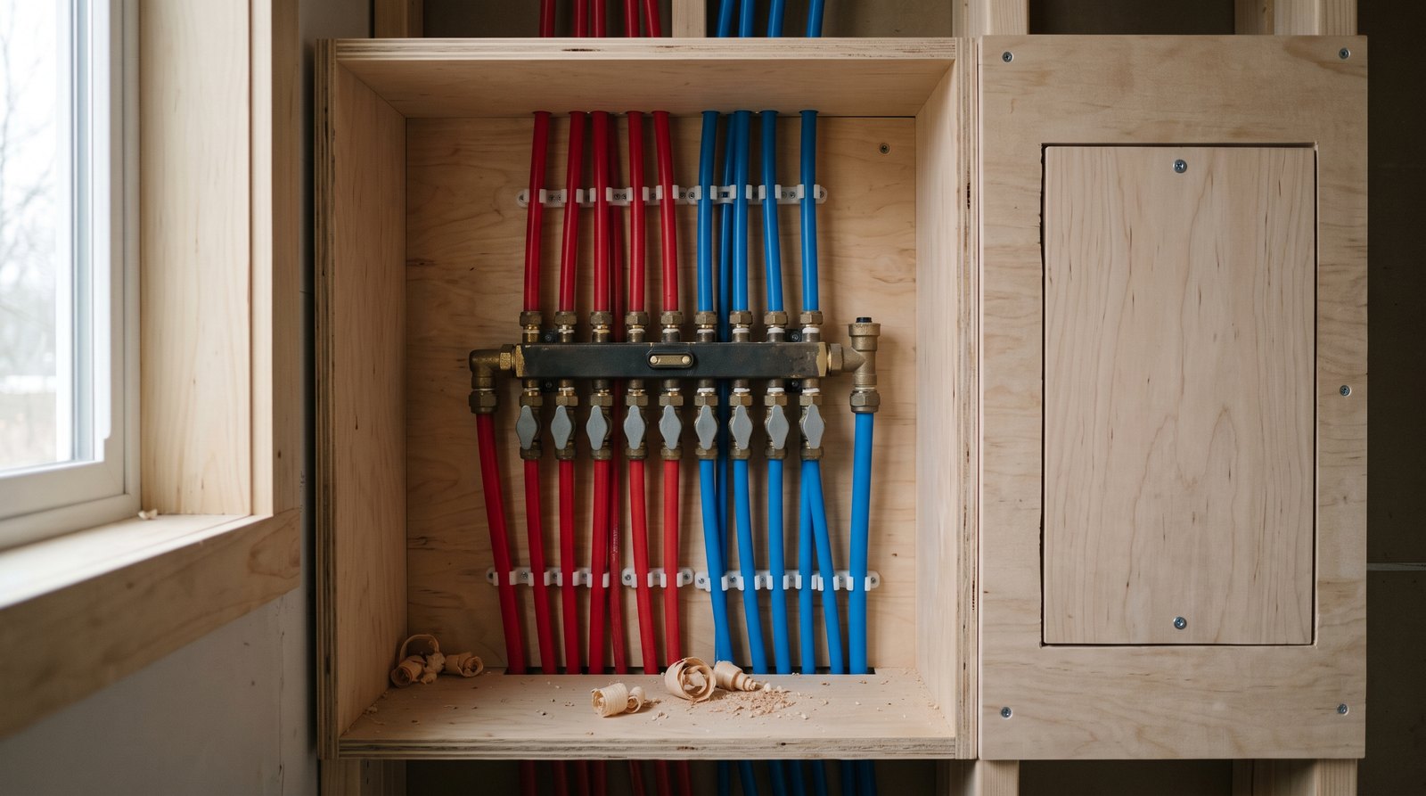 Tiny house plumbing manifold with separate red and blue PEX lines