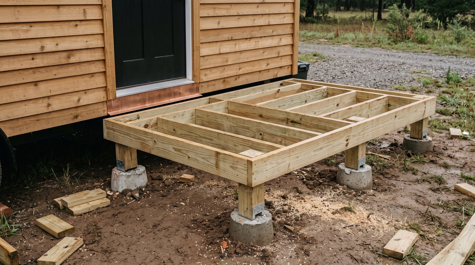 Freestanding tiny house deck frame on concrete pier footings