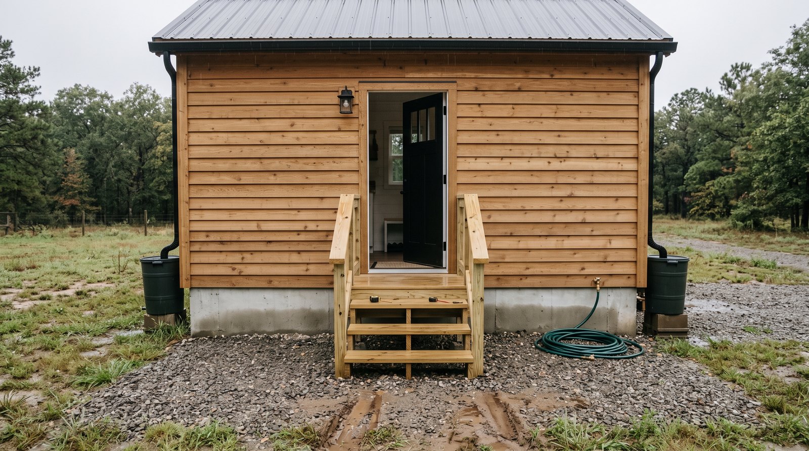 Wood entry stairs and guardrails at a foundation tiny house
